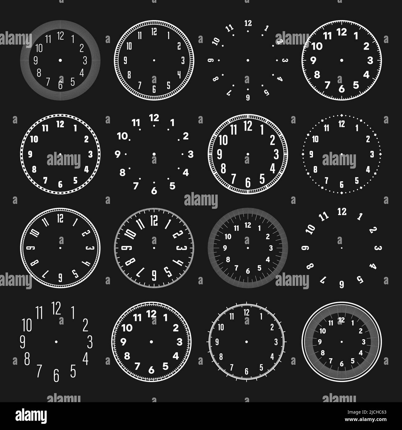 Mechanical clock faces with arabic numerals, bezel. White watch dial