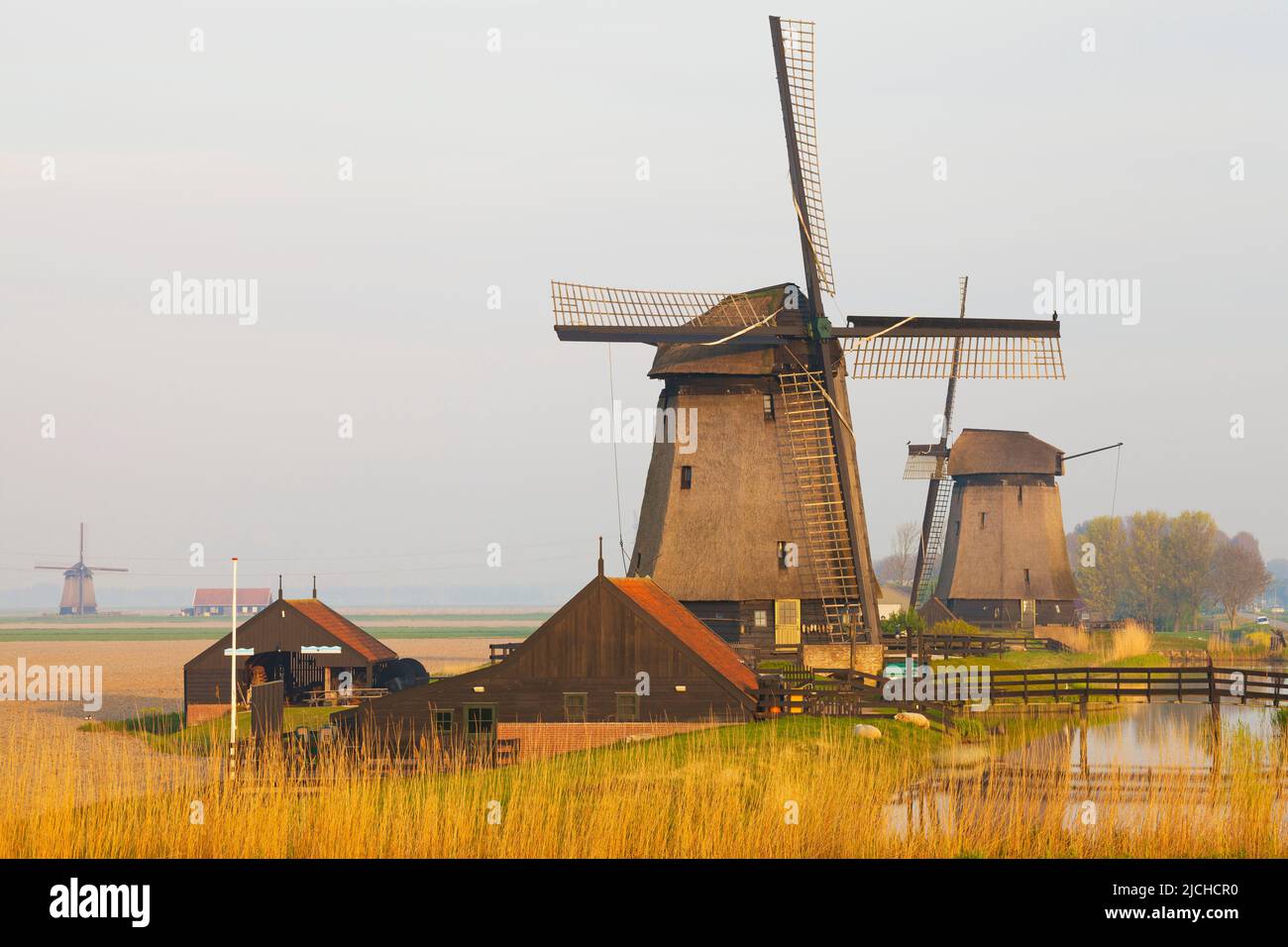Traditional windmills beside a canal, Schermerhorn, North Holland, Netherlands Stock Photo