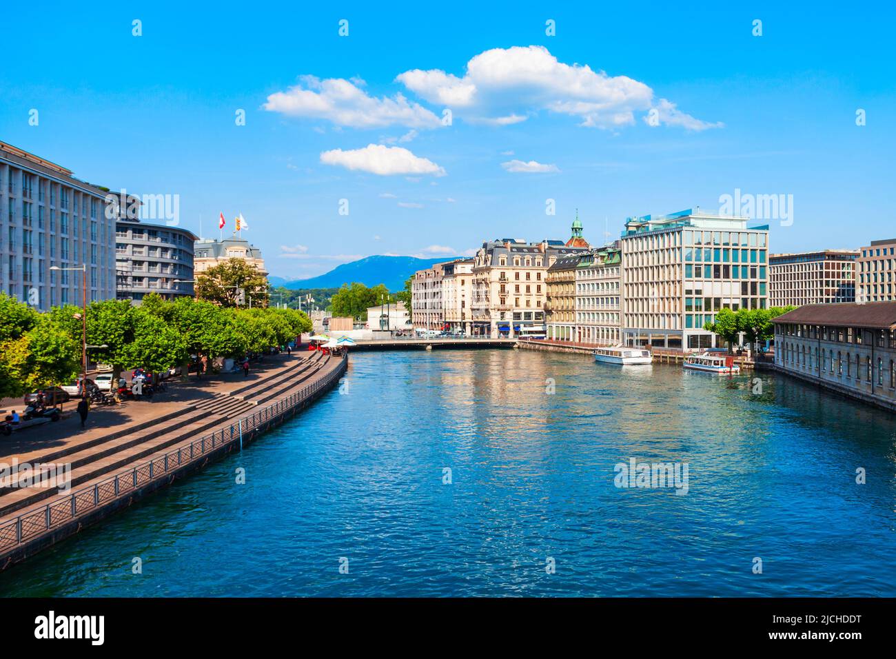 Geneva city centre aerial panoramic view. Geneva or Geneve is the second most populous city in Switzerland, located on Lake Geneva. Stock Photo