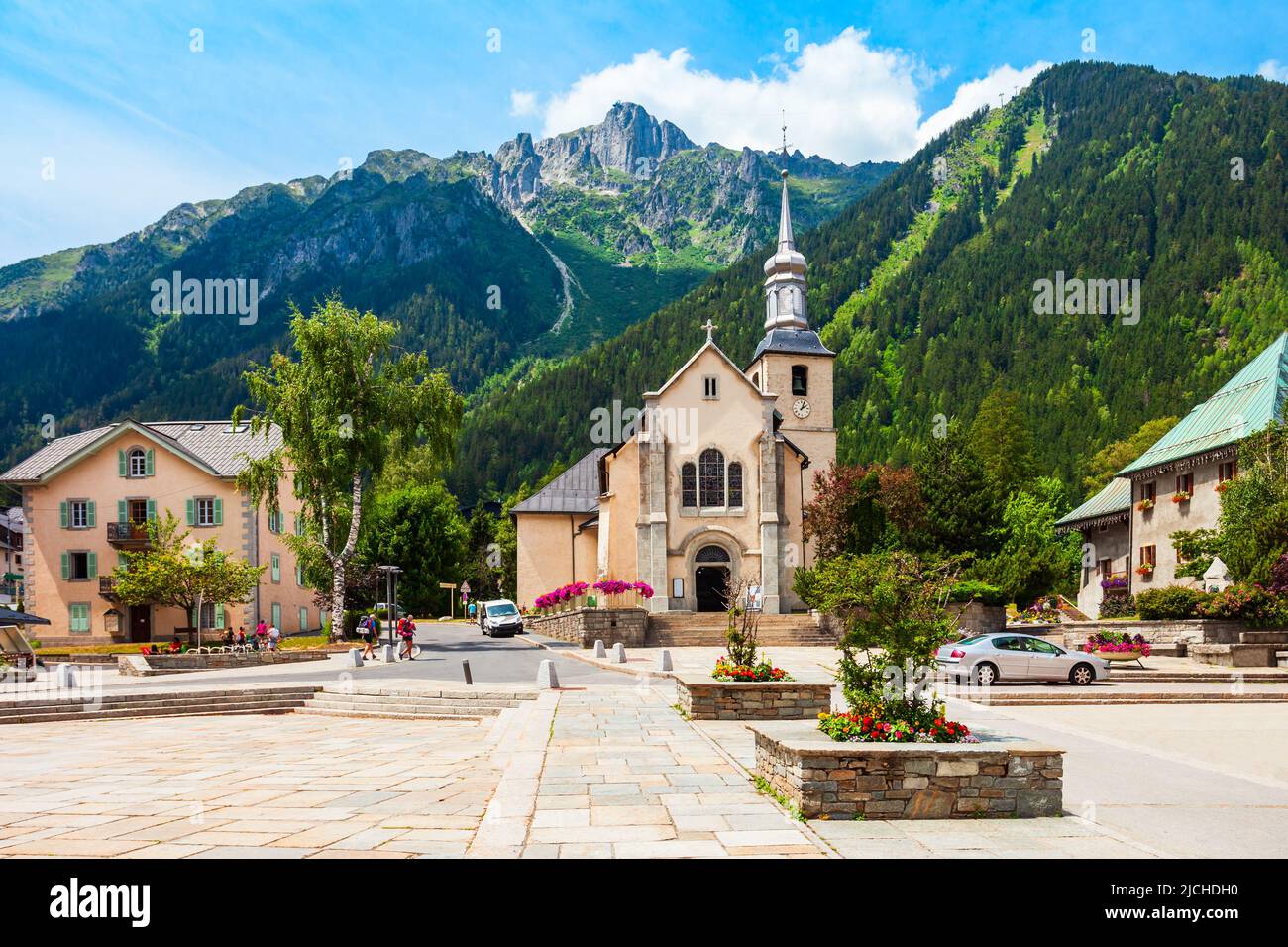 Saint Michel or St. Michael Catholic Church in the Chamonix Mont Blanc town in France Stock Photo