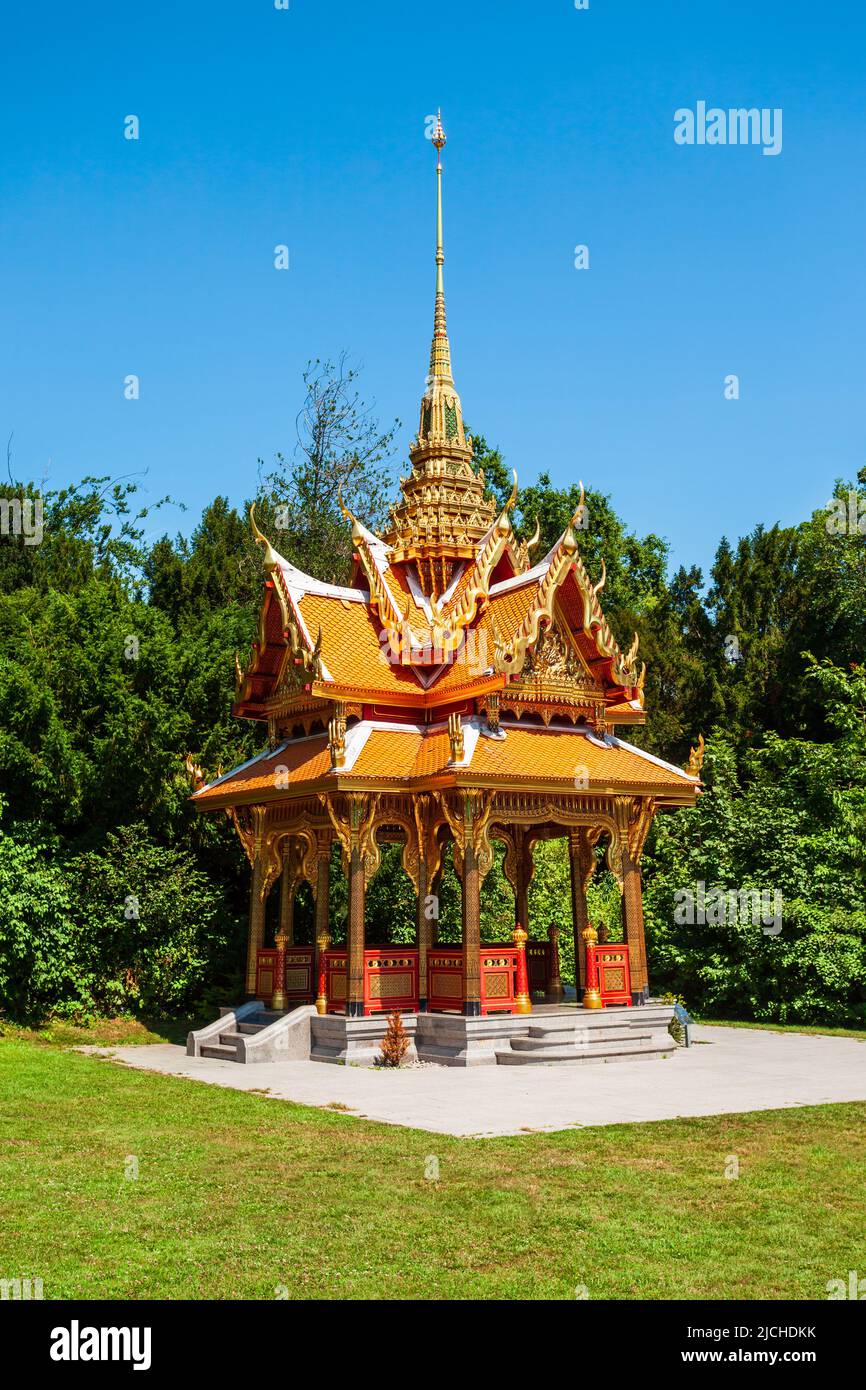Thai Pavilion or Pavillon Thailandais is a buddhist pagoda temple in Thailand style located in Lausanne city in Switzerland Stock Photo