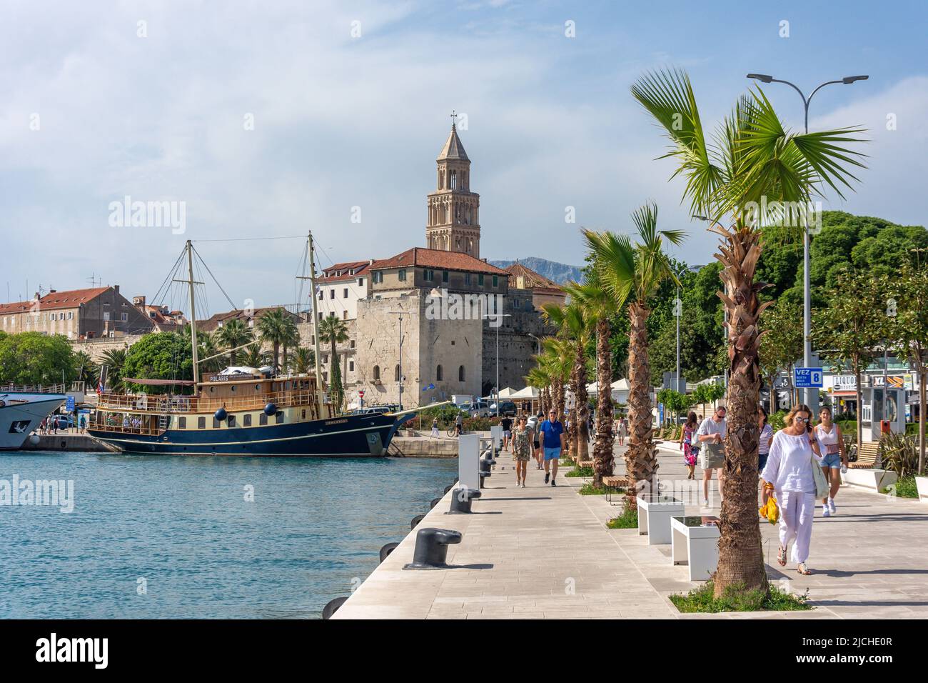 View of Cathedral Saint Dommios tower and The Riva Waterfront, Split, Croatia Stock Photo