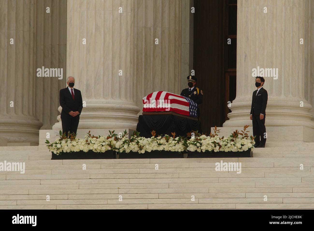 Washington - 24 September 2020: An honor guard stands at attention with U.S. Supreme Court Justice Ruth Bader Ginsburg's casket as it lies in state. Stock Photo