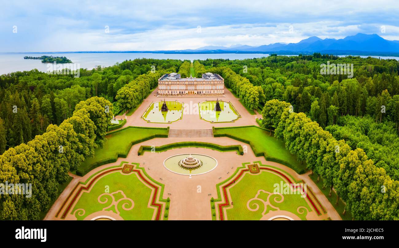 Herrenchiemsee Palace aerial panoramic view, it is a complex of royal buildings on Herreninsel, the largest island in the Chiemsee lake, in southern B Stock Photo