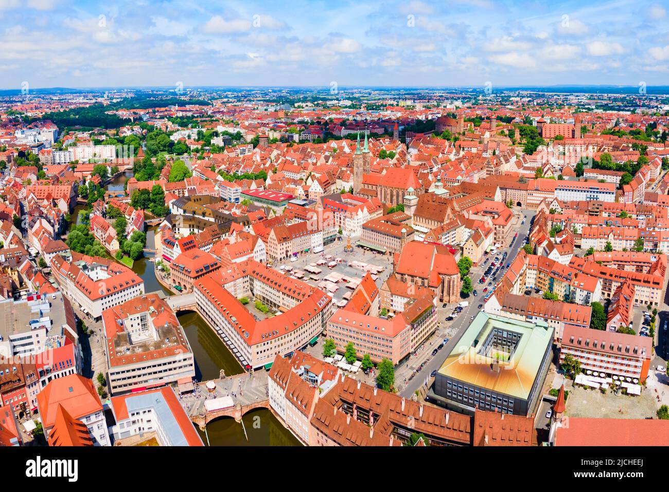 Nuremberg old town aerial panoramic view. Nuremberg is the second largest city of Bavaria state in Germany. Stock Photo