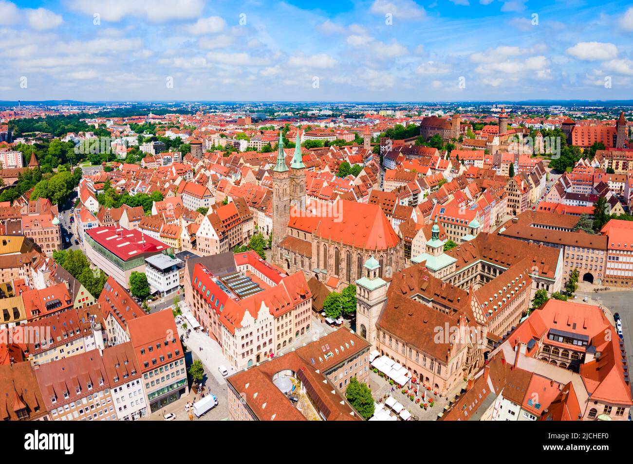 Saint Sebaldus or St. Sebald Church aerial panoramic view in Nuremberg old town. Nuremberg is the second largest city of Bavaria state in Germany. Stock Photo