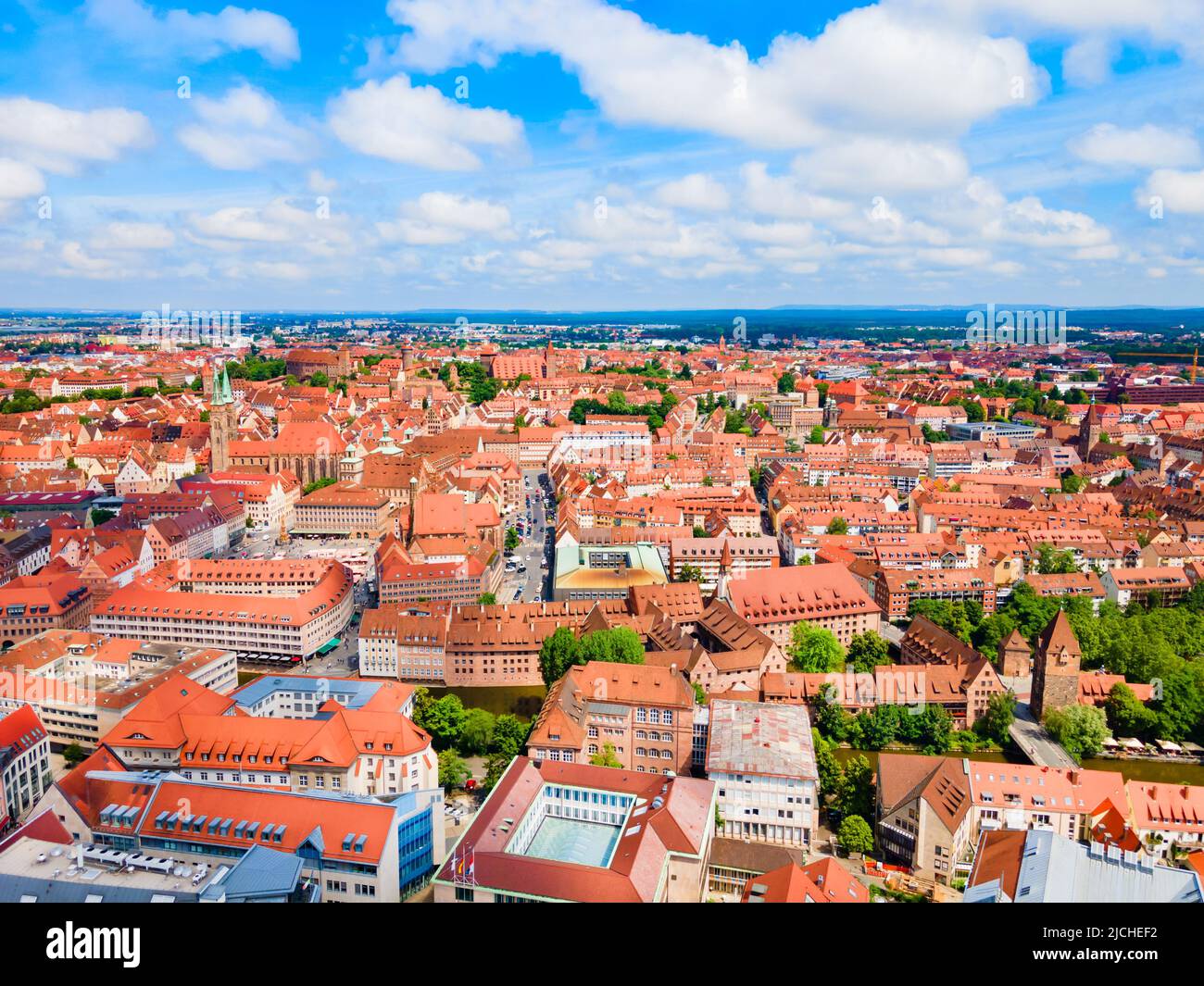Nuremberg old town aerial panoramic view. Nuremberg is the second largest city of Bavaria state in Germany. Stock Photo