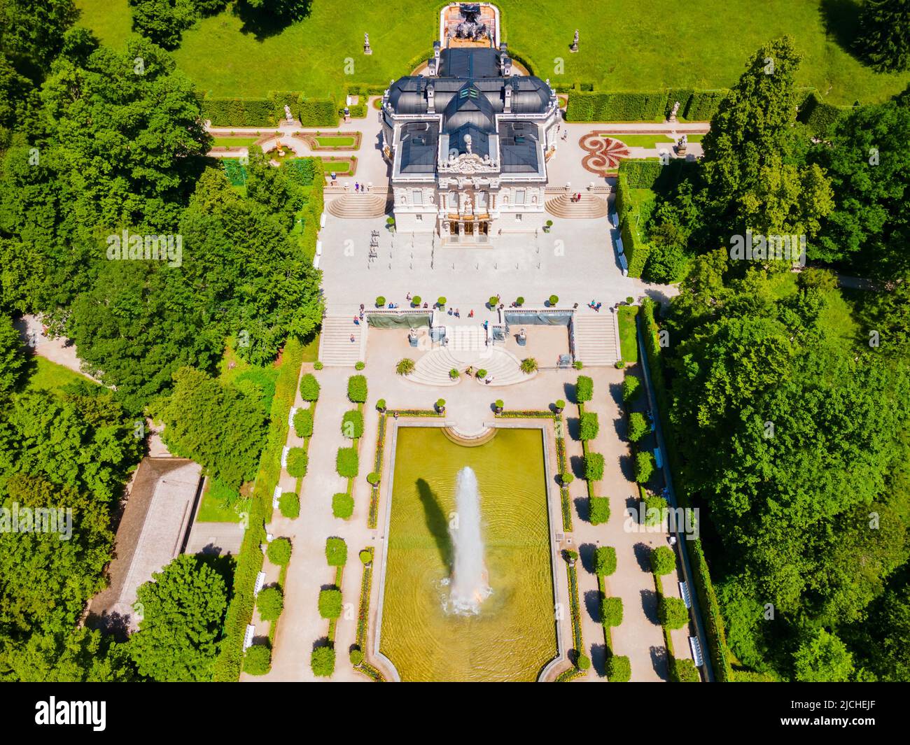 Linderhof Palace aerial panoramic view. Schloss Linderhof is located near the village of Ettal in southwest Bavaria, Germany. Stock Photo