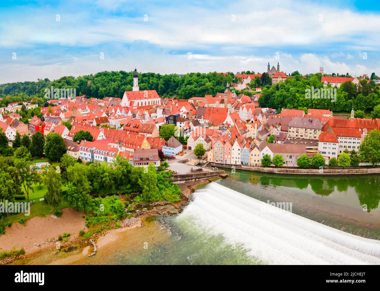 Lech river weir aerial panoramic view in Landsberg am Lech, a town in southwest Bavaria, Germany Stock Photo