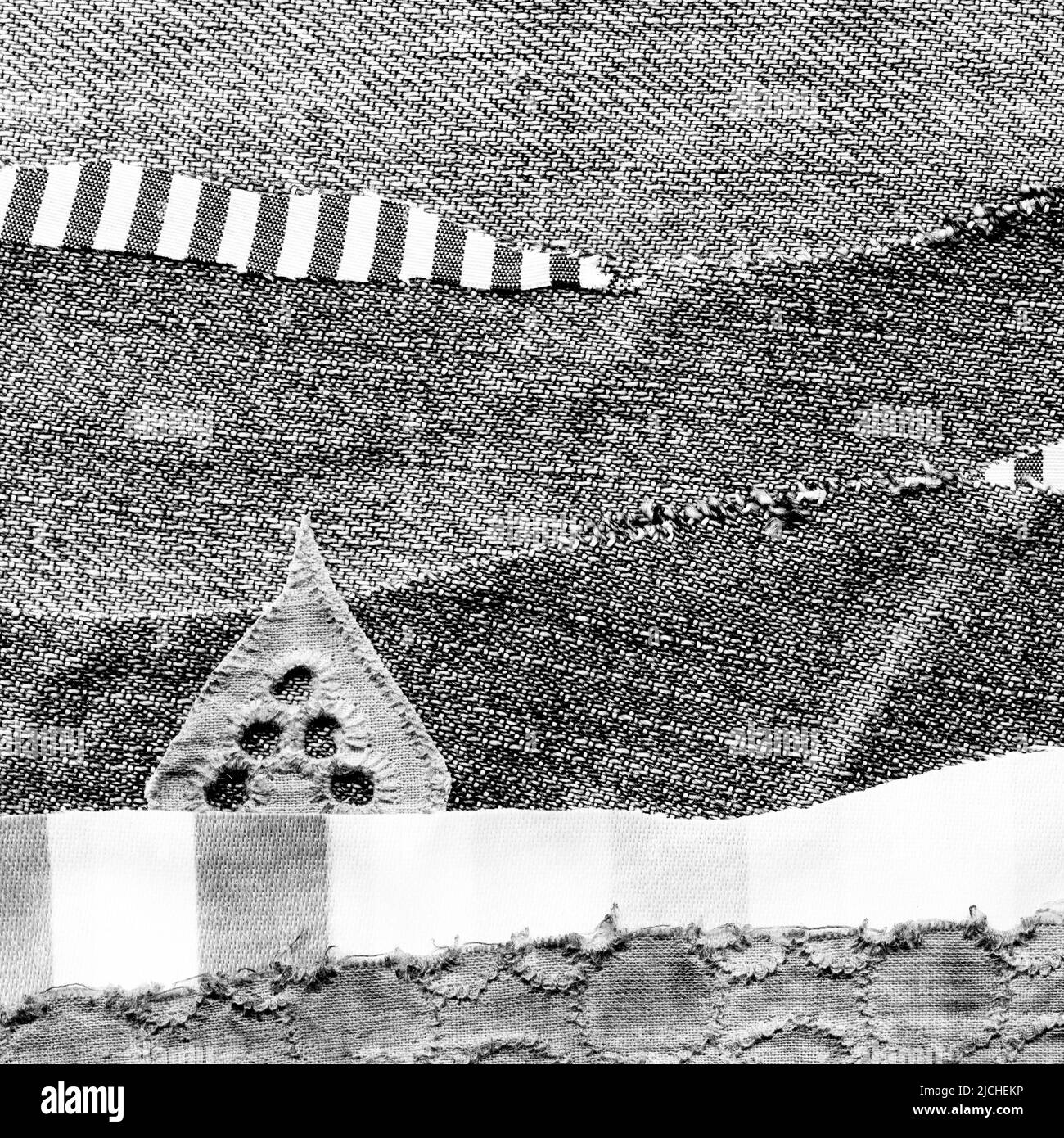 Fabric art applique Illustration. Patchwork forest landscape with trees