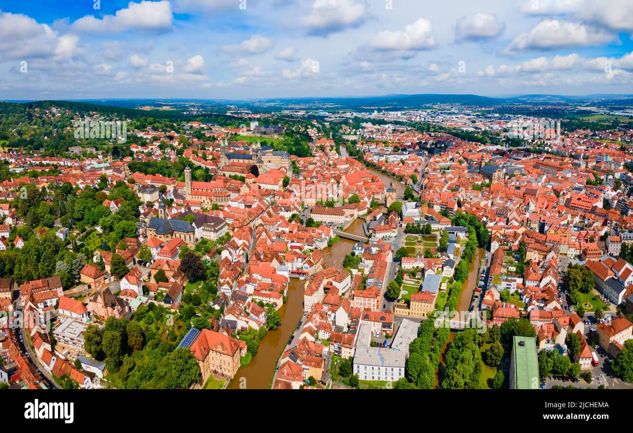 Bamberg old town aerial panoramic view. Bamberg is a town on the river Regnitz in Upper Franconia, Bavaria in Germany. Stock Photo