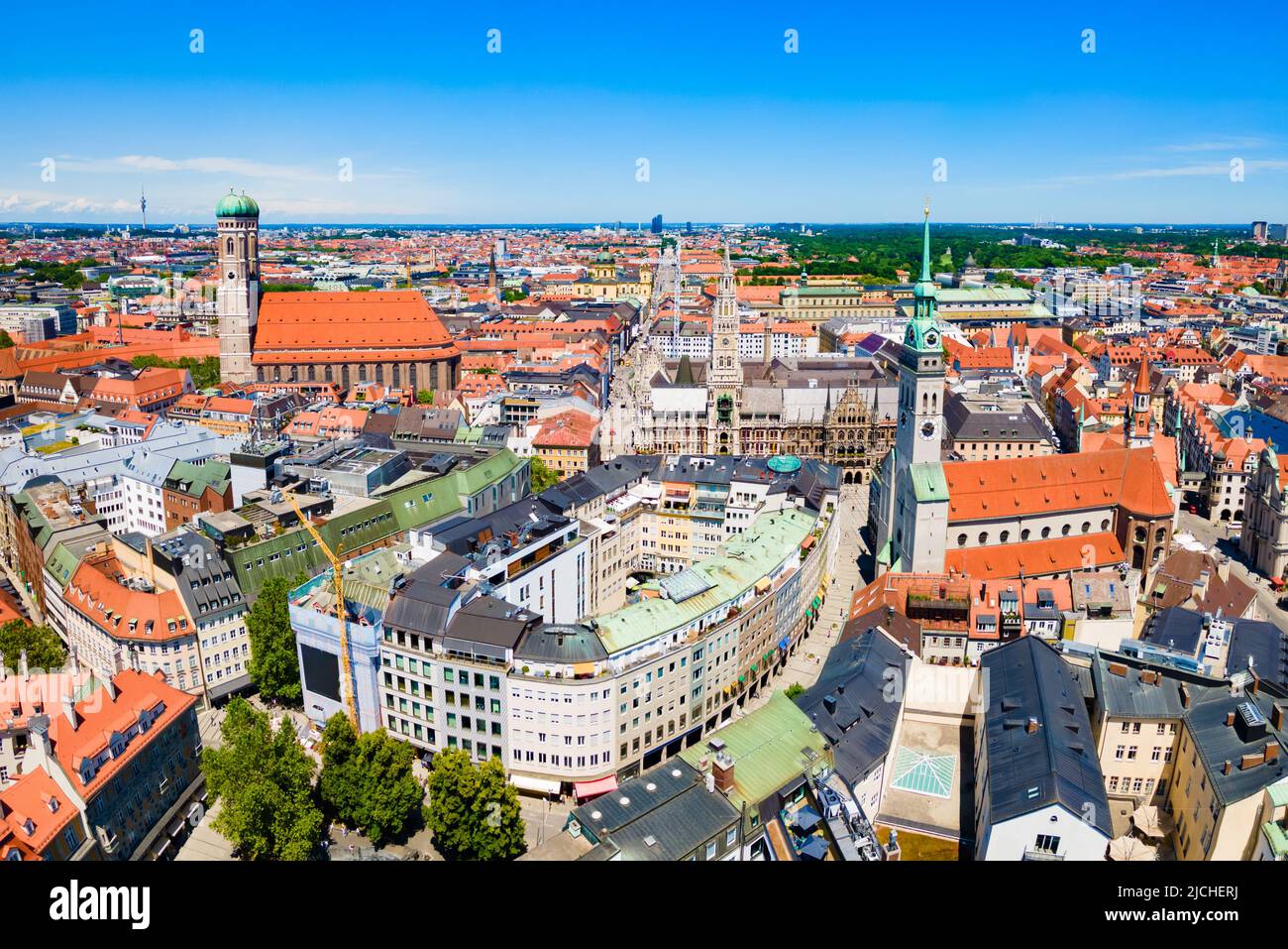 Marienplatz aerial panoramic view. Marienplatz or St. Mary square is a central square in the city centre of Munich, Germany. Stock Photo