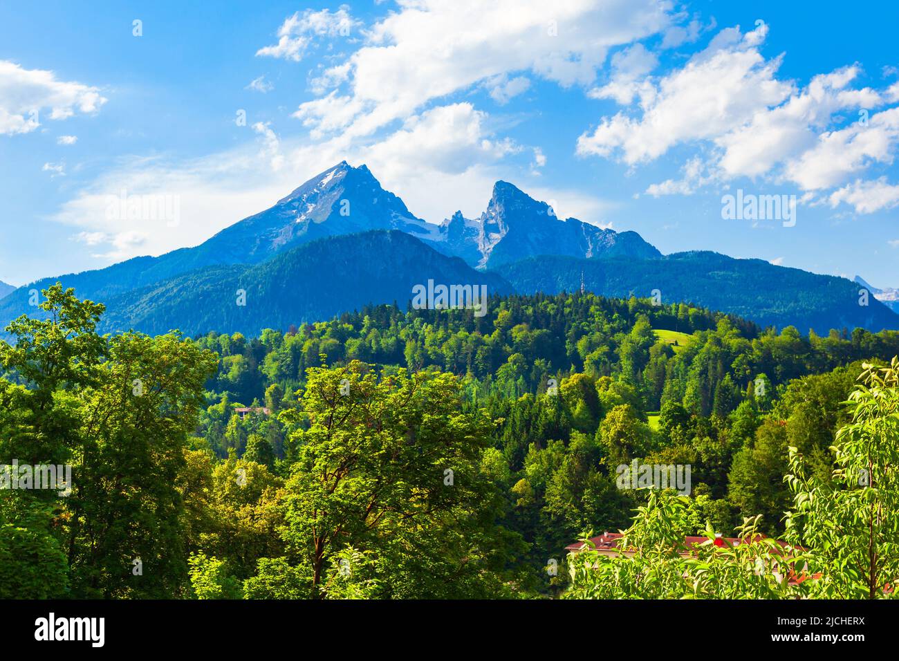 The Watzmann is a mountain in the Bavarian Alps near the Berchtesgaden village. The Watzmann is the third highest in Germany. Stock Photo
