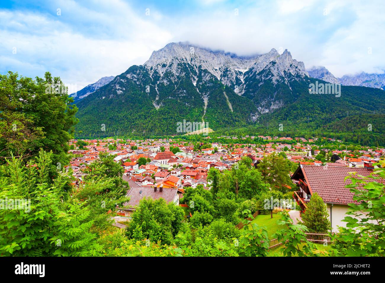 Mittenwald town and Karwendel mountain aerial panoramic view in Bavaria, Germany Stock Photo