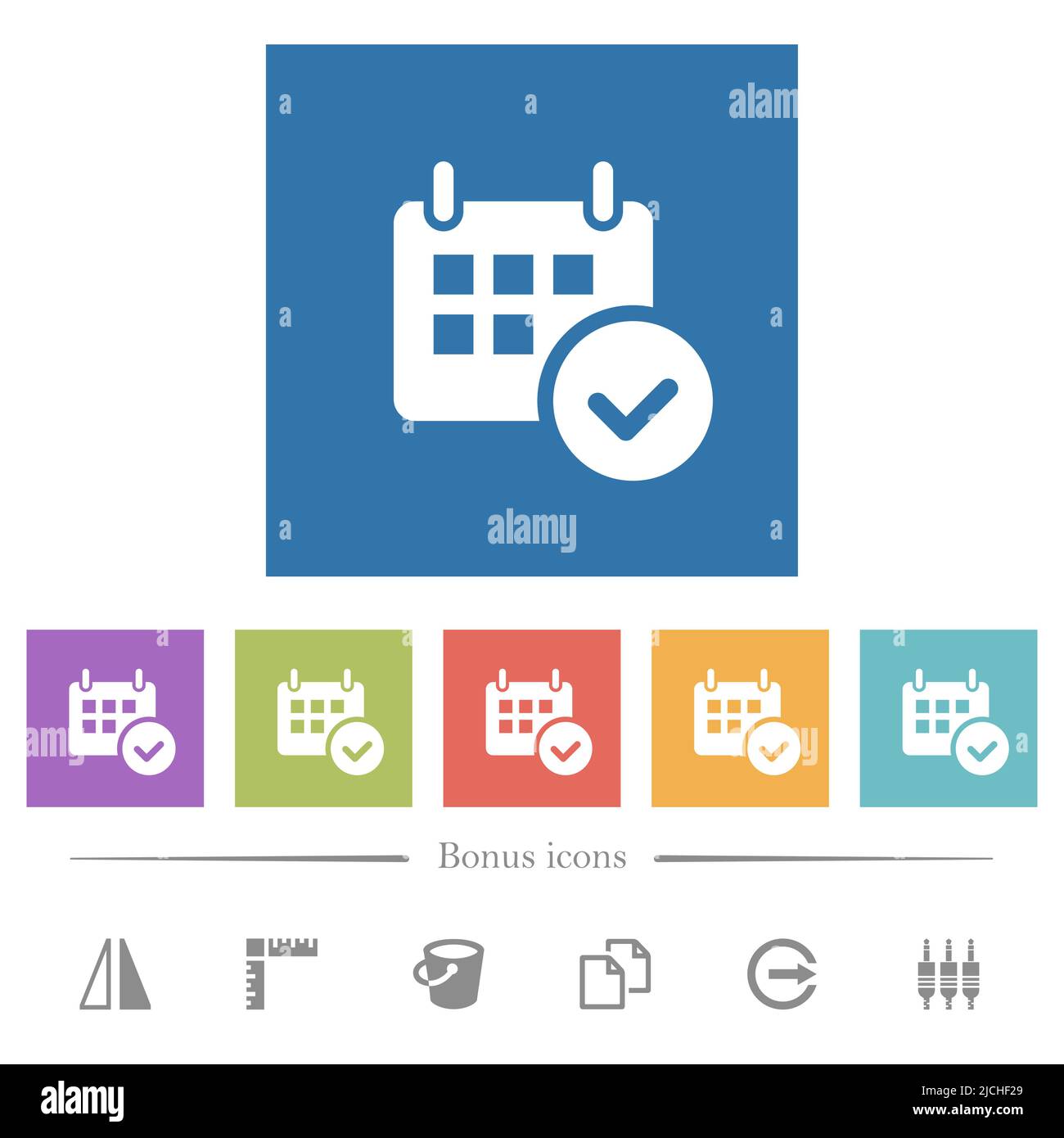 Calendar check flat white icons in square backgrounds. 6 bonus icons ...