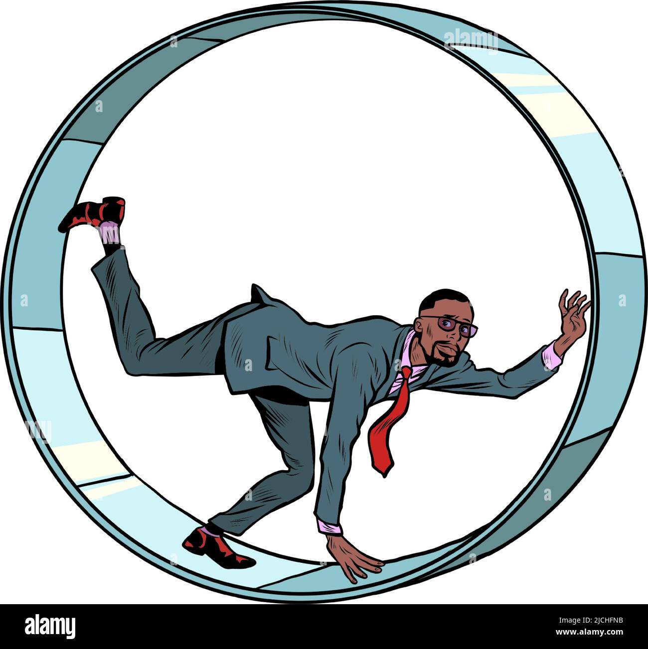 african businessman in a squirrel wheel. isolate on a white background Routine monotonous work. A man in captivity of his affairs Stock Vector