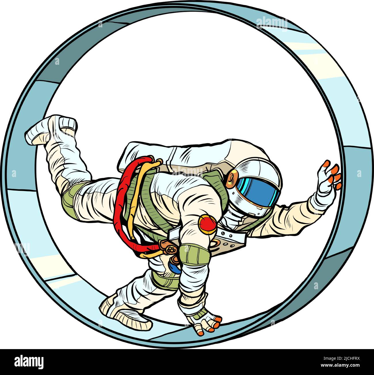 An astronaut in a squirrel wheel. Routine monotonous work. A man in captivity of his affairs Stock Vector