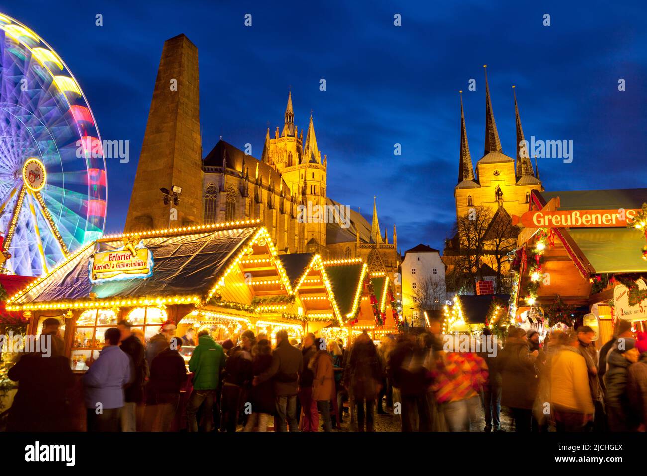 Christmas Market with Saint Marien Cathedral and Saint Severus Church in the Background, Erfurt, Thuringia, Germany Stock Photo