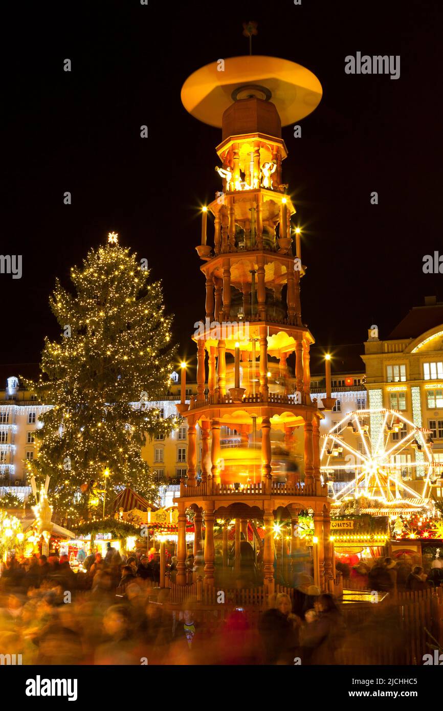 Giant Christmas Pyramid at the Dresden Strietzelmarkt Christmas Market, Dresden, Saxony, Germany Stock Photo