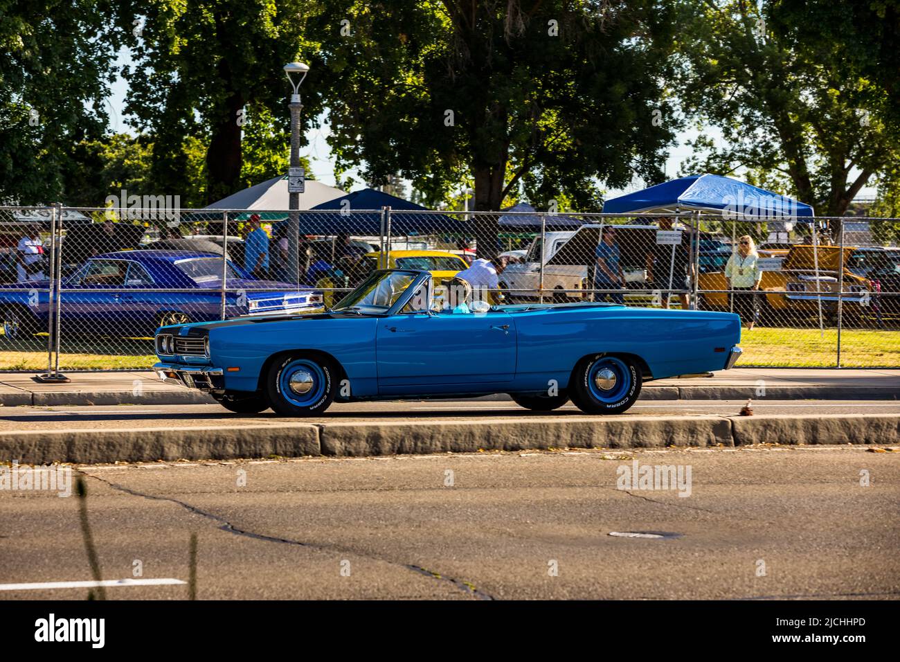 1968 Plymouth Road Runner convertible arrives at the American Graffiti charity Car Show at the Modesto Junior College campus June 11-12 2022 Stock Photo