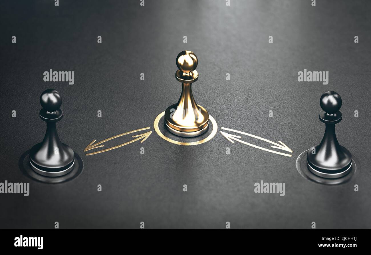Three pawns and golden arrows over black background. Concept of interpersonal conflict management and conciliator. 3D illustration. Stock Photo