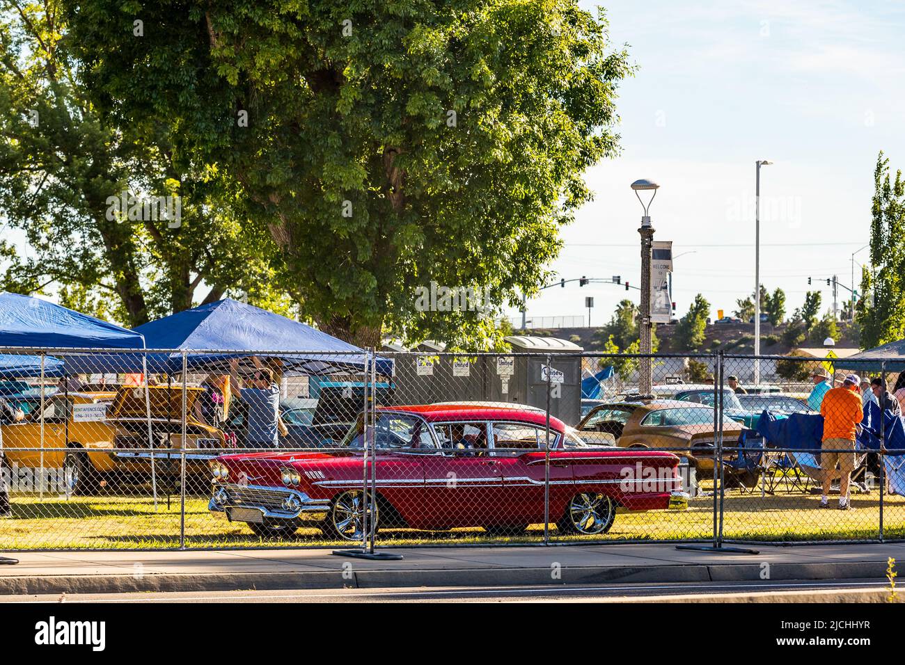 A 1958 Chevrolet Belair arrives at the American Graffiti charity Car Show at the Modesto Junior College campus June 11-12 2022 Stock Photo