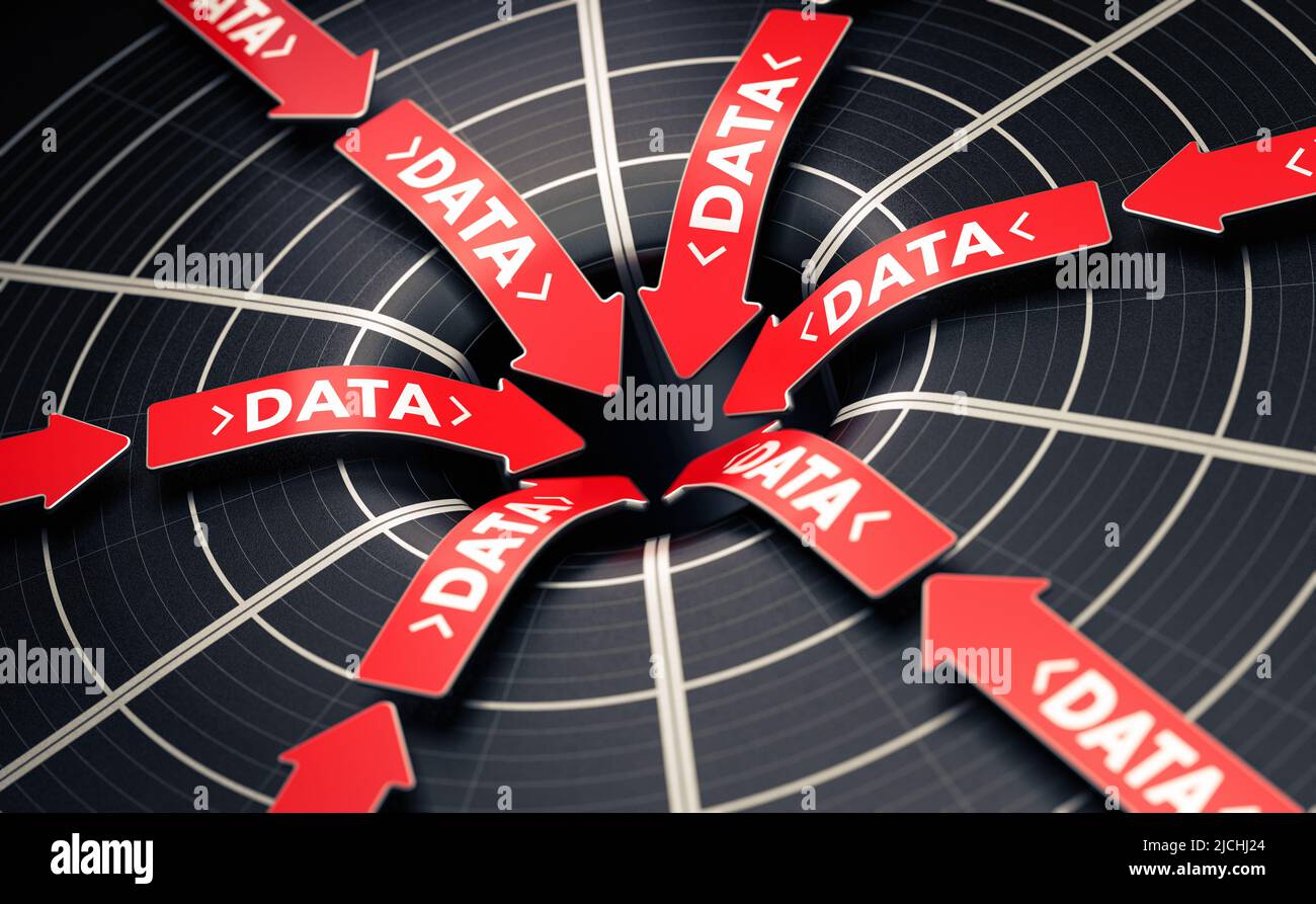 3D illustration of red arrows with a word written on them pointing the center of hole in the center of a black target. Concept of data collection or a Stock Photo