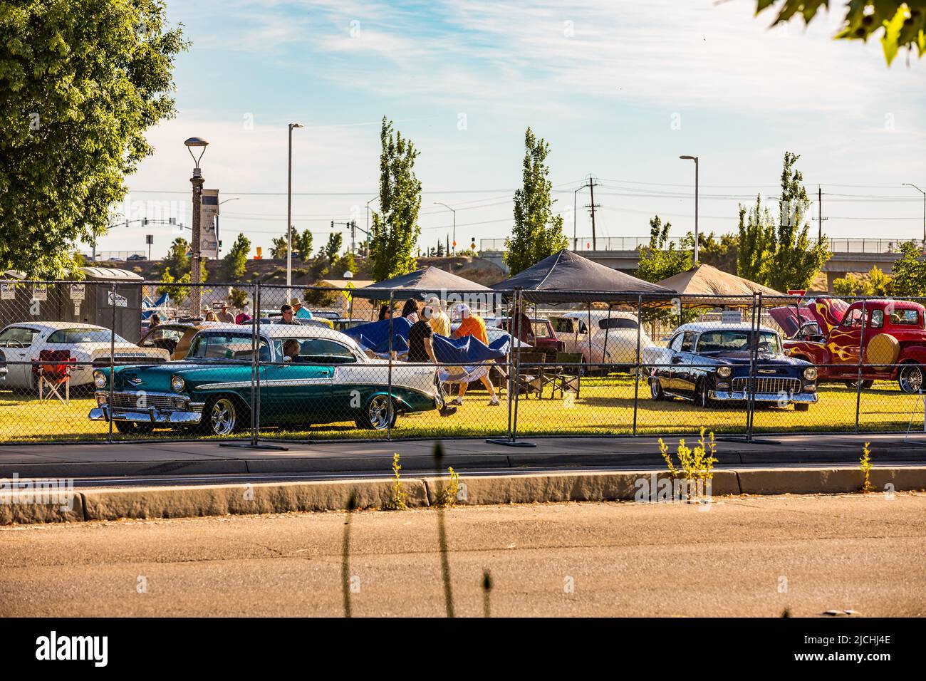 Cars arrive at the American Graffiti charity Car Show at the Modesto Junior College campus June 11-12 2022 Stock Photo