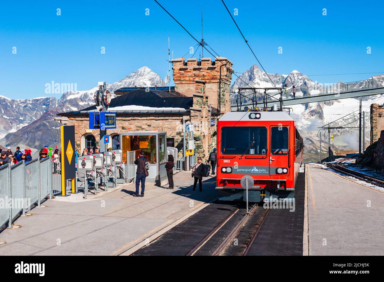 ZERMATT, SWITZERLAND - JULY 16, 2019: Train near the Gornergrat Bahn Railway, a mountain rack railway near Zermatt town in the Valais canton of Switze Stock Photo
