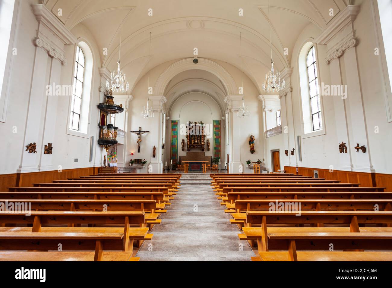 WEGGIS, SWITZERLAND - JULY 12, 2019: The Parish of St. Mary Church in Weggis, a town on the shore of Lake Lucerne in the canton of Luzern in Switzerla Stock Photo