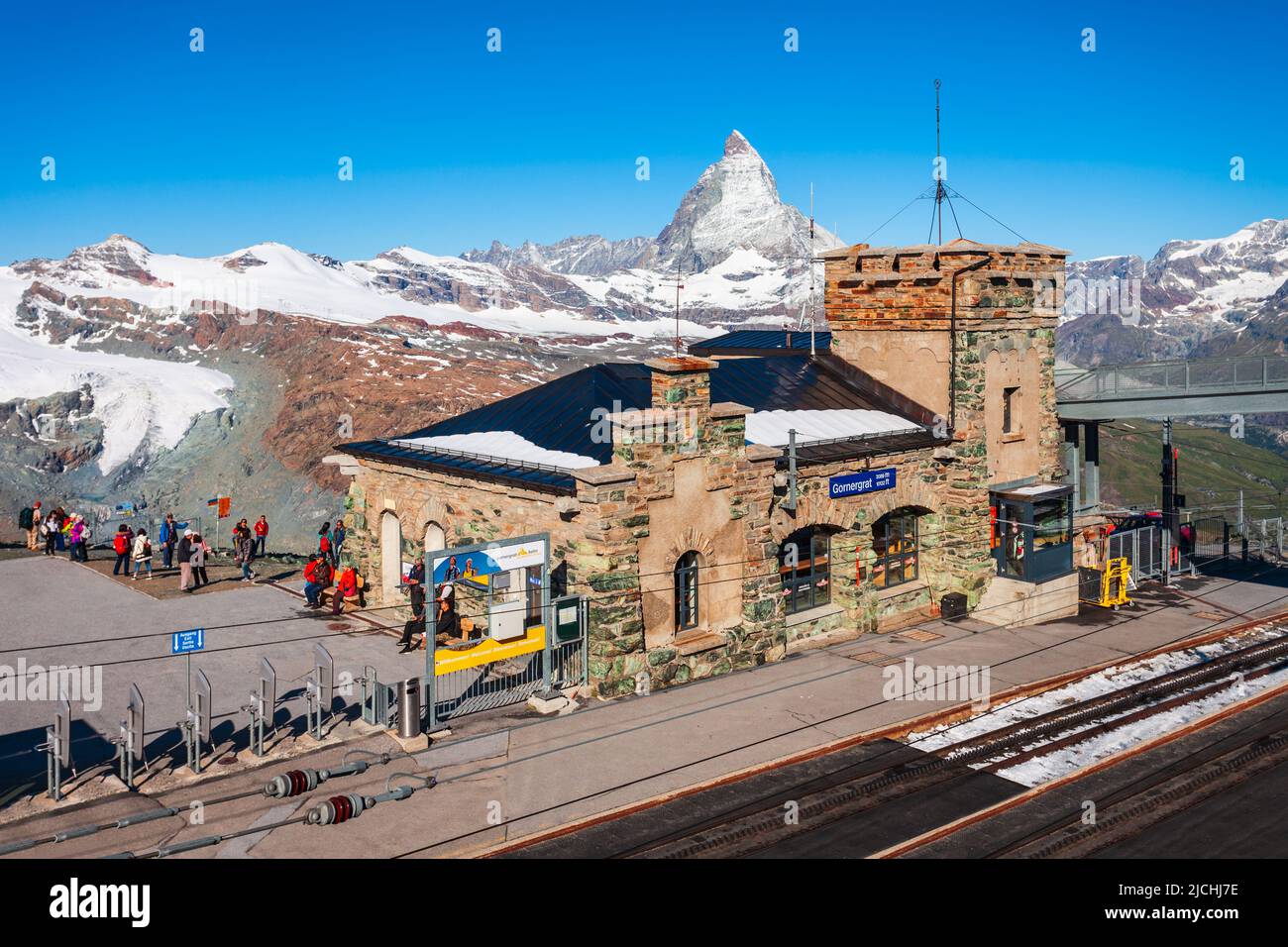 ZERMATT, SWITZERLAND - JULY 16, 2019: Gornergrat Bahn Railway, a mountain rack railway near Zermatt town in the Valais canton of Switzerland Stock Photo