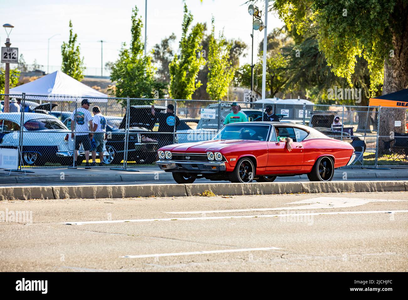 1968 Chevy Malibu coupe arrives at the American Graffiti charity Car Show at the Modesto Junior College campus June 11-12 2022 Stock Photo