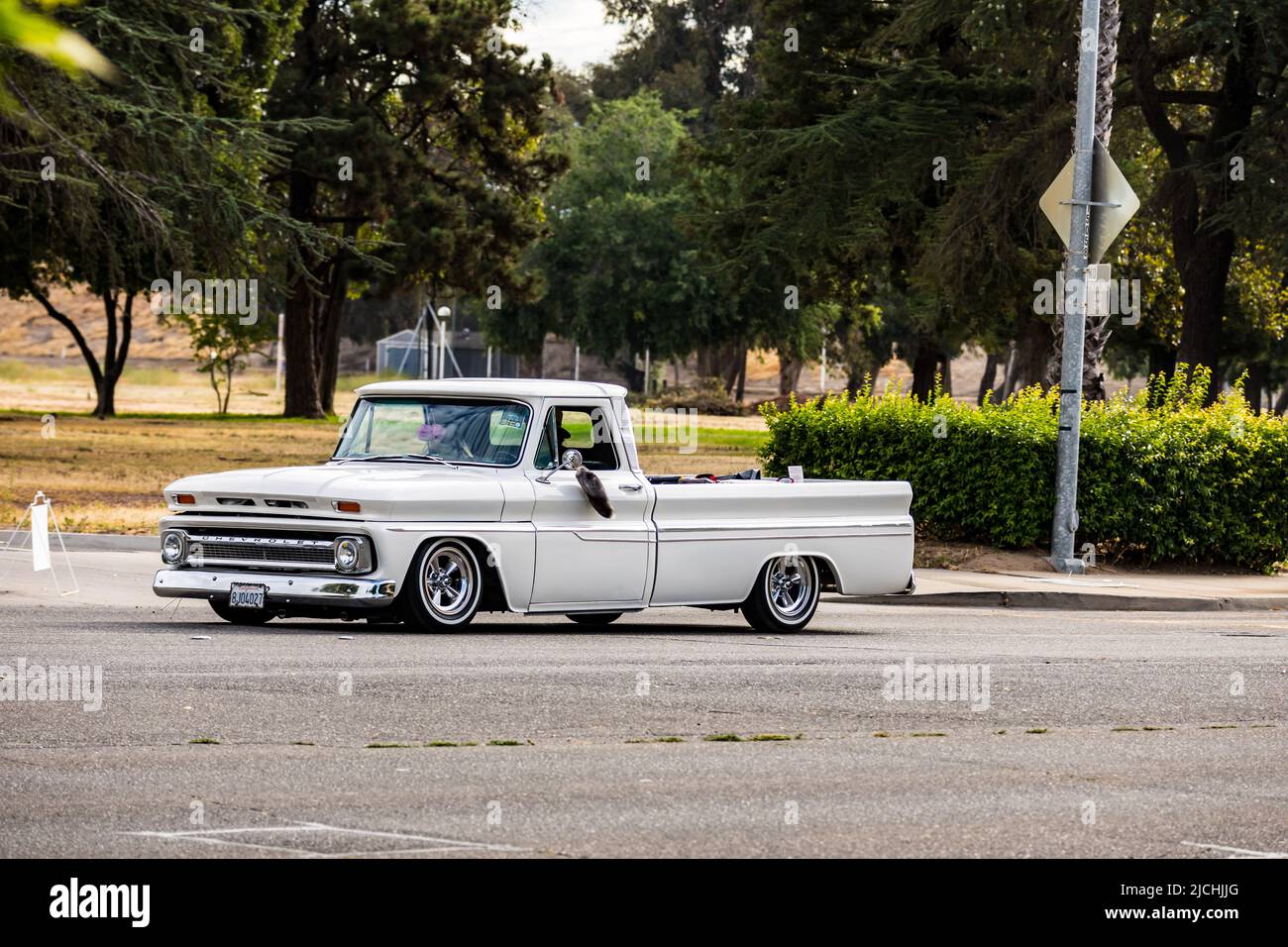 1965 Chevy pickup truck arrives at the American Graffiti charity Car Show at the Modesto Junior College campus June 11-12 2022 Stock Photo