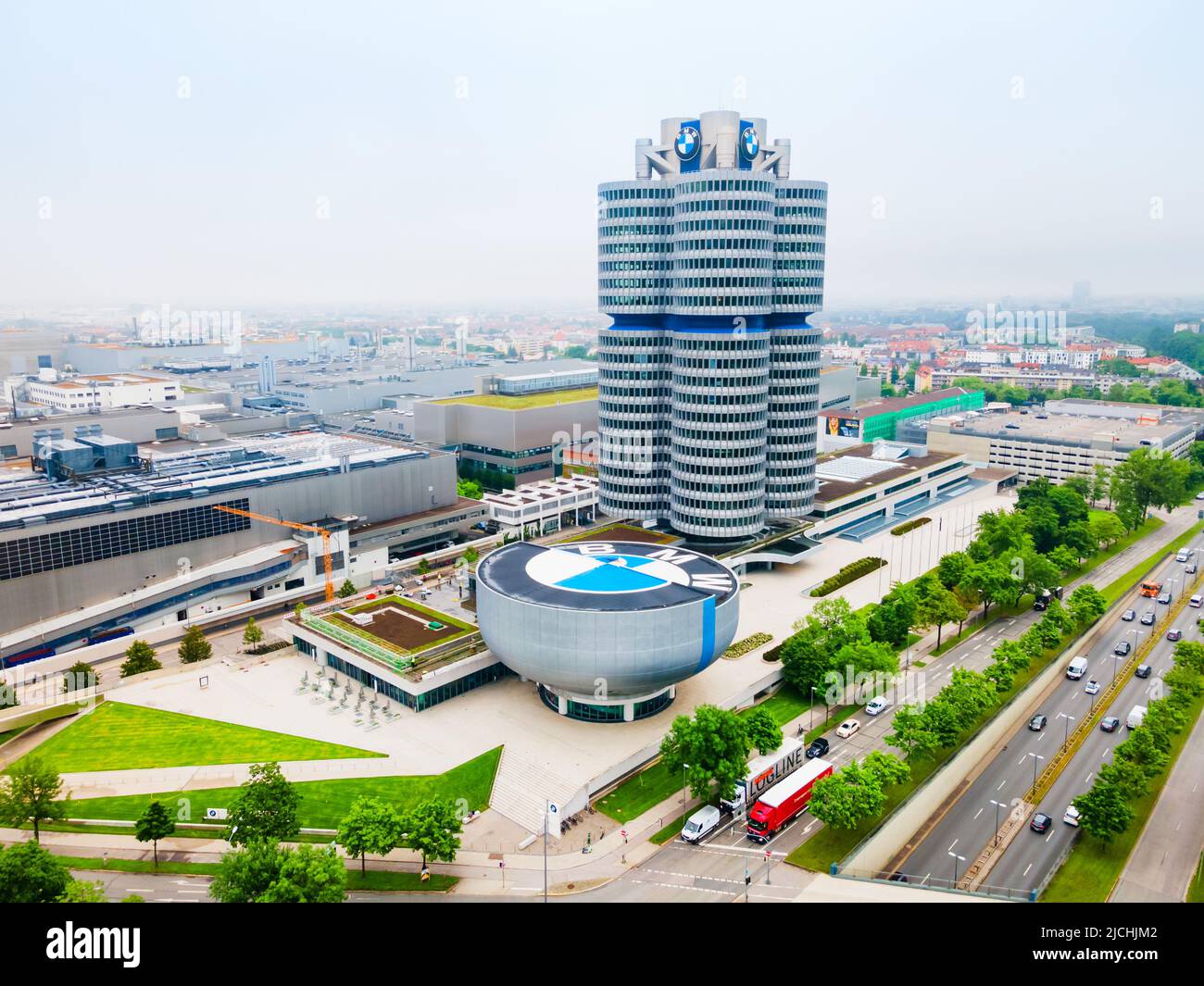 Munich, Germany - July 08, 2021: BMW Museum aerial panoramic view, it is an automobile museum of BMW history located near the Olympiapark in Munich, G Stock Photo