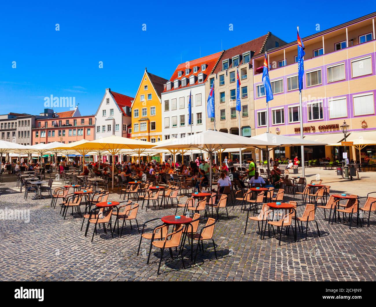 Augsburg, Germany - July 06, 2021: Street cafe at Town Hall square or Rathausplatz main square in Augsburg. Augsburg is a city in Swabia, Bavaria regi Stock Photo