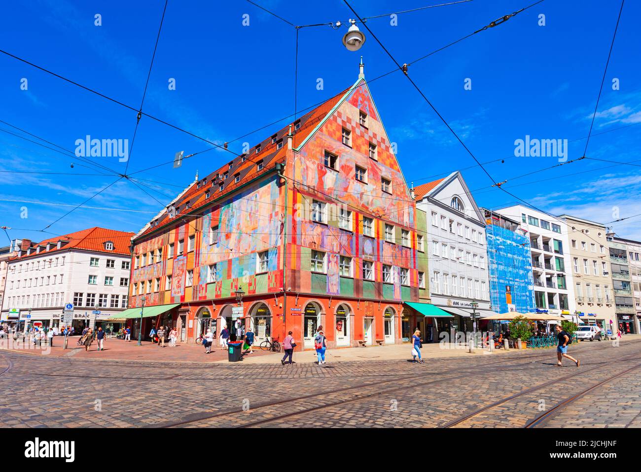 Augsburg, Germany - July 06, 2021: The Weberhaus is the former guild house of the weavers in Augsburg. Weberhaus is located in the city center at Mori Stock Photo