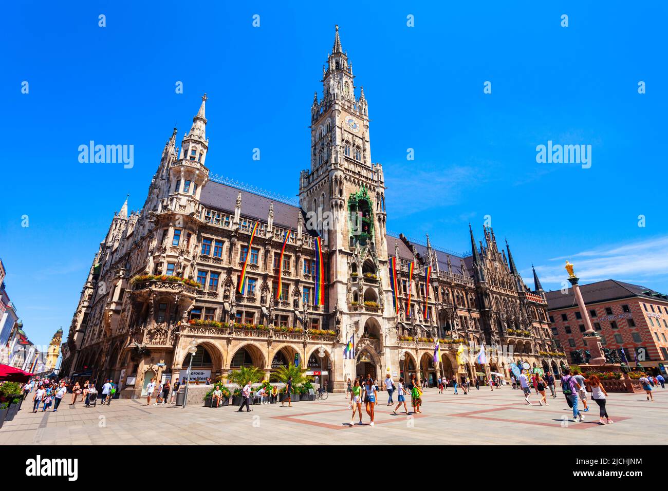 Munich, Germany - July 06, 2021: New Town Hall or Neues Rathaus is located at the Marienplatz or St. Mary square, a central square in Munich city cent Stock Photo