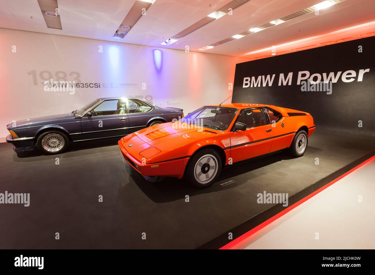 Munich, Germany - July 08, 2021: BMW M1 and M635CSi on display in BMW Museum, an automobile museum of BMW history located near the Olympiapark in Muni Stock Photo