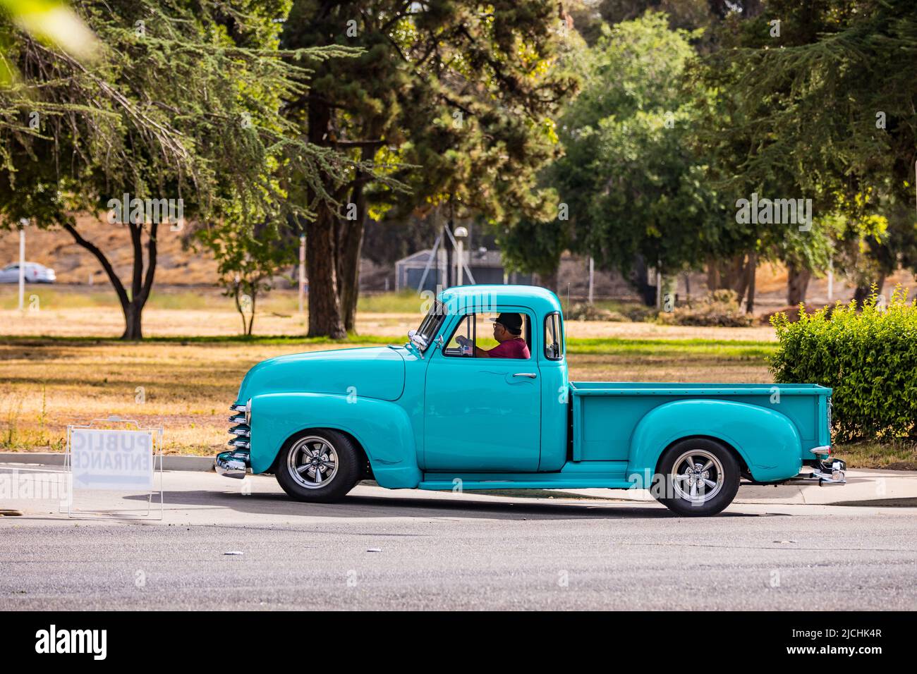 A 1952 Chevrolet pickup truck arrives at the American Graffiti charity Car Show at the Modesto Junior College campus June 11-12 2022 Stock Photo