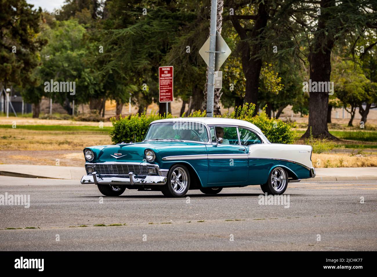 A 1956 Chevrolet Belair 2 door arrives at the American Graffiti charity Car Show at the Modesto Junior College campus June 11-12 2022 Stock Photo