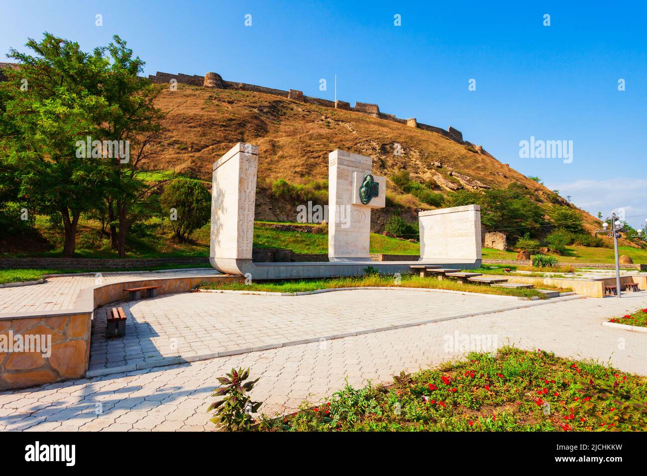 Gori, Georgia - September 01, 2021: Memorial Park near Gori Fortress, Georgia. It is a medieval citadel situated above the city of Gori on a rocky hil Stock Photo