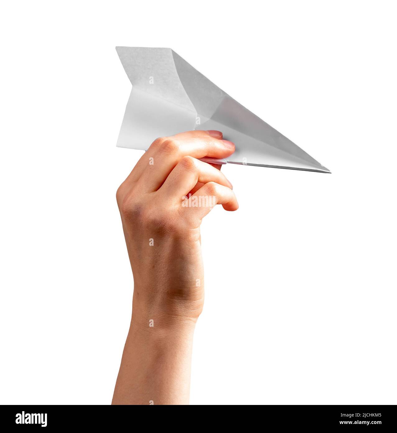 Woman hand holding origami plane isolated on white background. Paper folding art. Architecture model. High quality photo Stock Photo