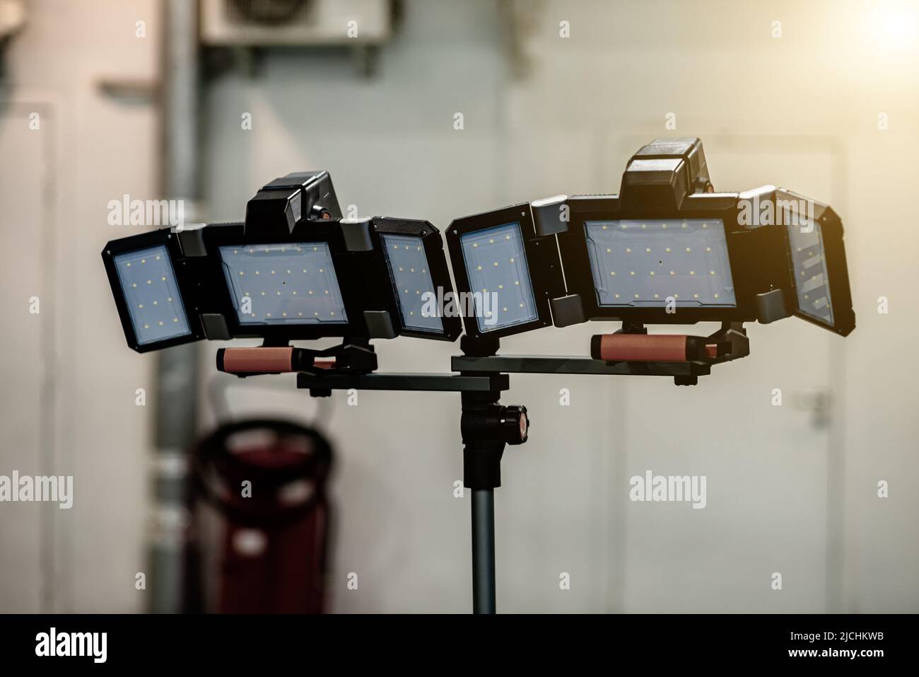 The panel led lighting with lamps on tripods. Stock Photo