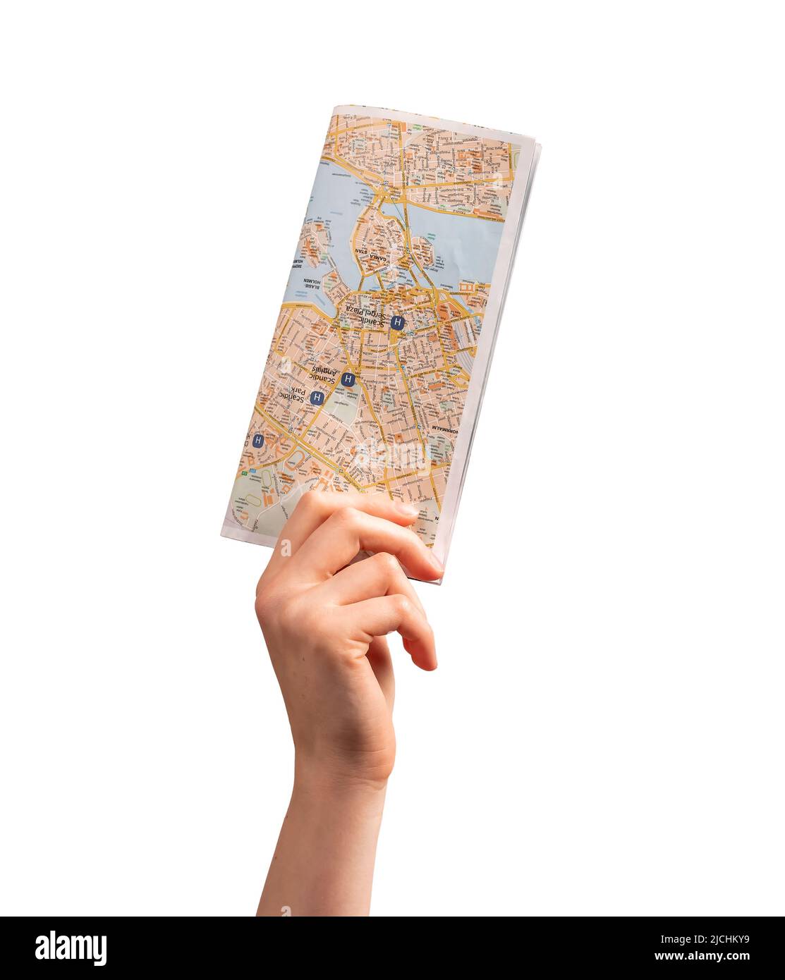 Woman hand holding tourist map, guide isolated on white background. Travelling, going to trip, visiting places of interests, attractions concept. High quality photo Stock Photo