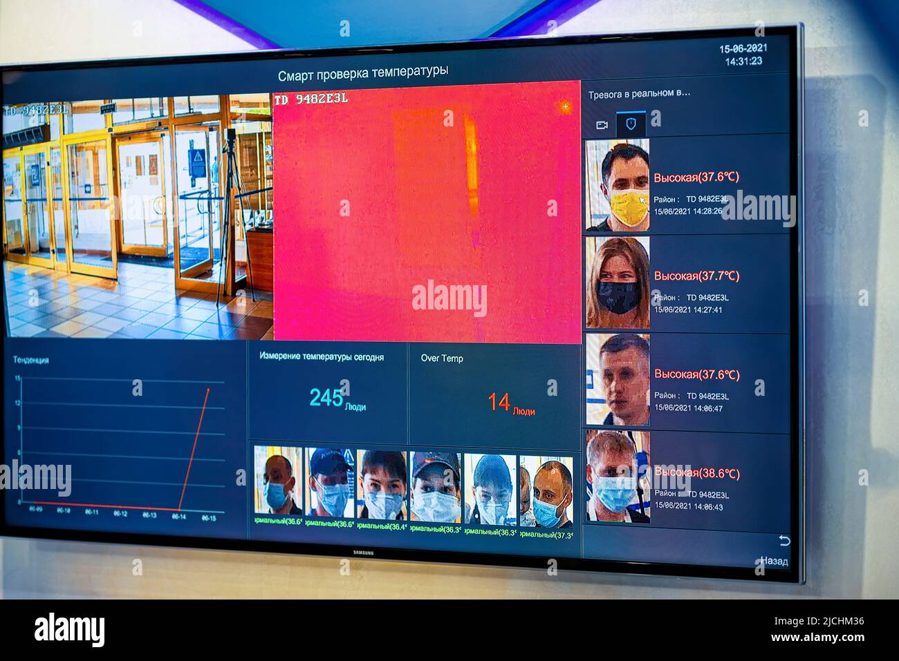 Kyiv, Ukraine - June 15, 2021:Digital system for monitoring and analyzing human body temperature. Stock Photo