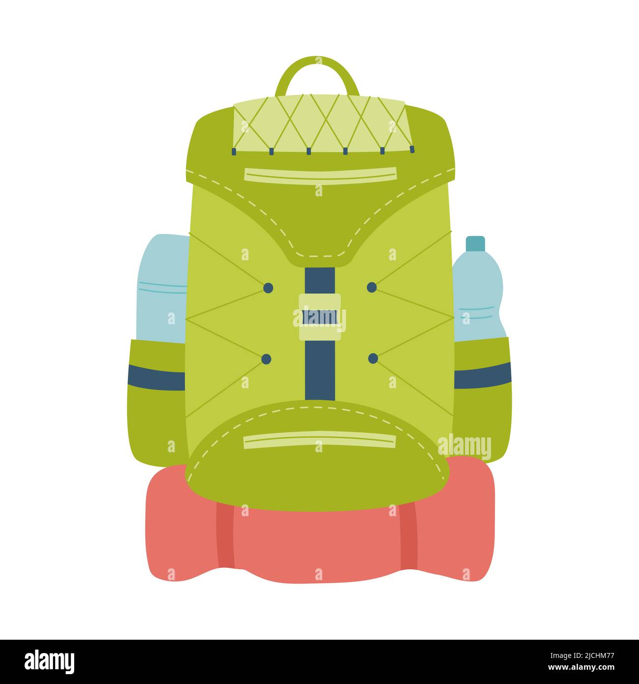Tourist backpack with thermos, bottle and travel mat. Equipment for fishing, tourism, travel, camping, hiking. Flat vector illustration isolated on a Stock Vector