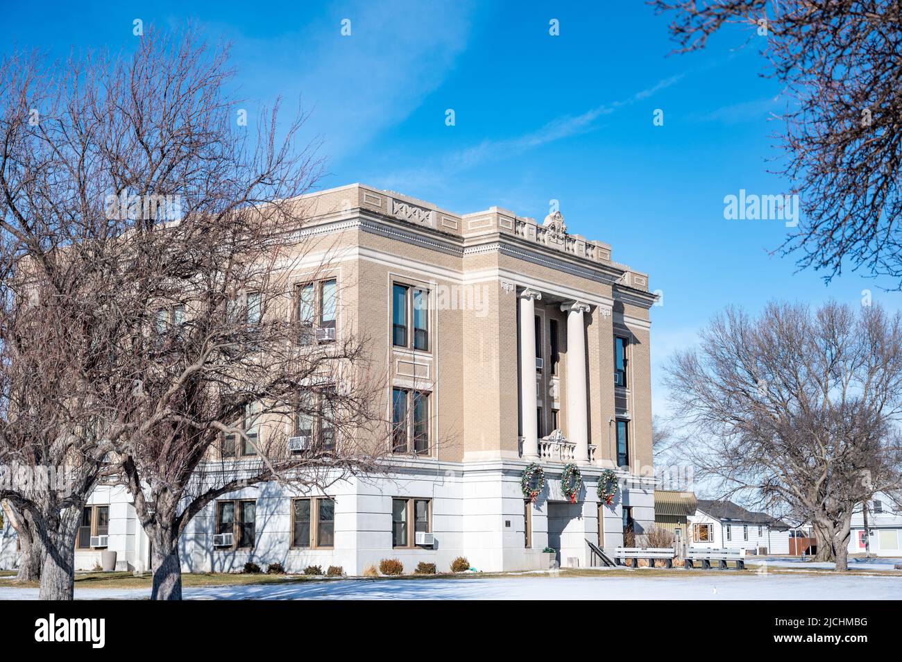 Outside view of the Sheridan County Courthouse in Hoxie, Kansas, USA. A
