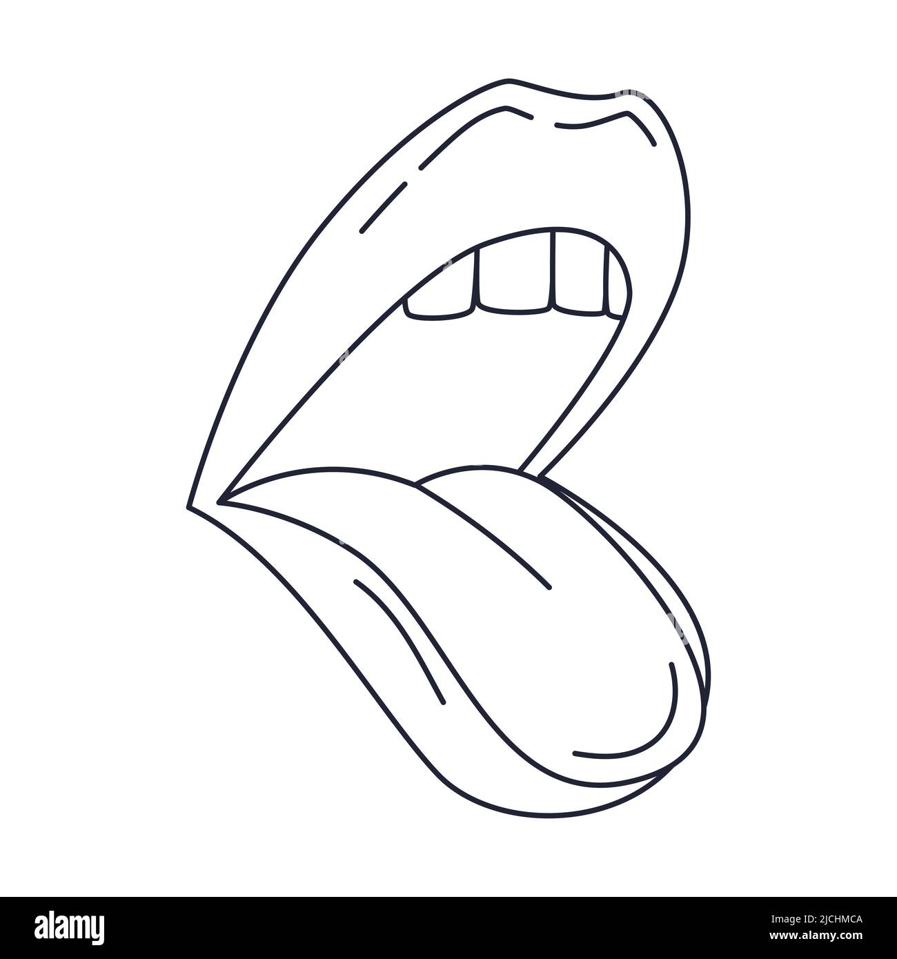 Female talking, singing or screaming open mouth. Shows the tongue. Human lips. Outline doodle. Black and white vector illustration isolated on white b Stock Vector