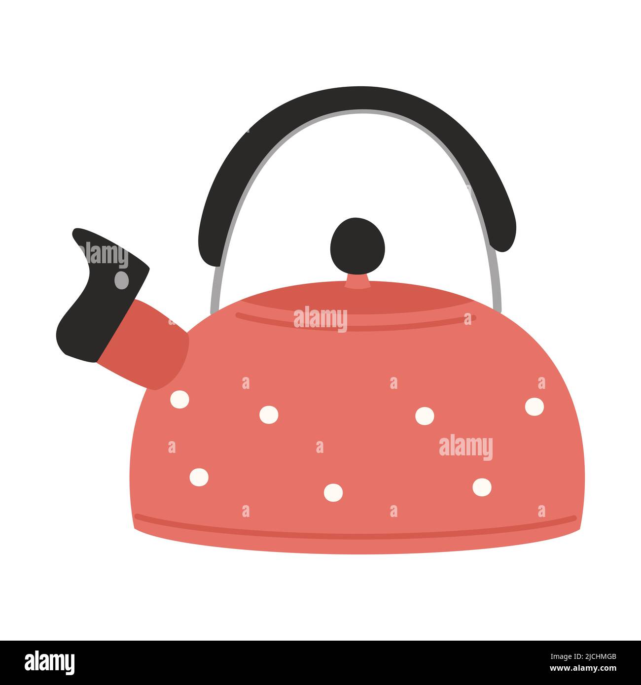 Red polka dot teapot with lid and whistle. Kitchen equipment, utensils for camping, picnic, cooking on gas or fire. Flat vector illustration isolated Stock Vector