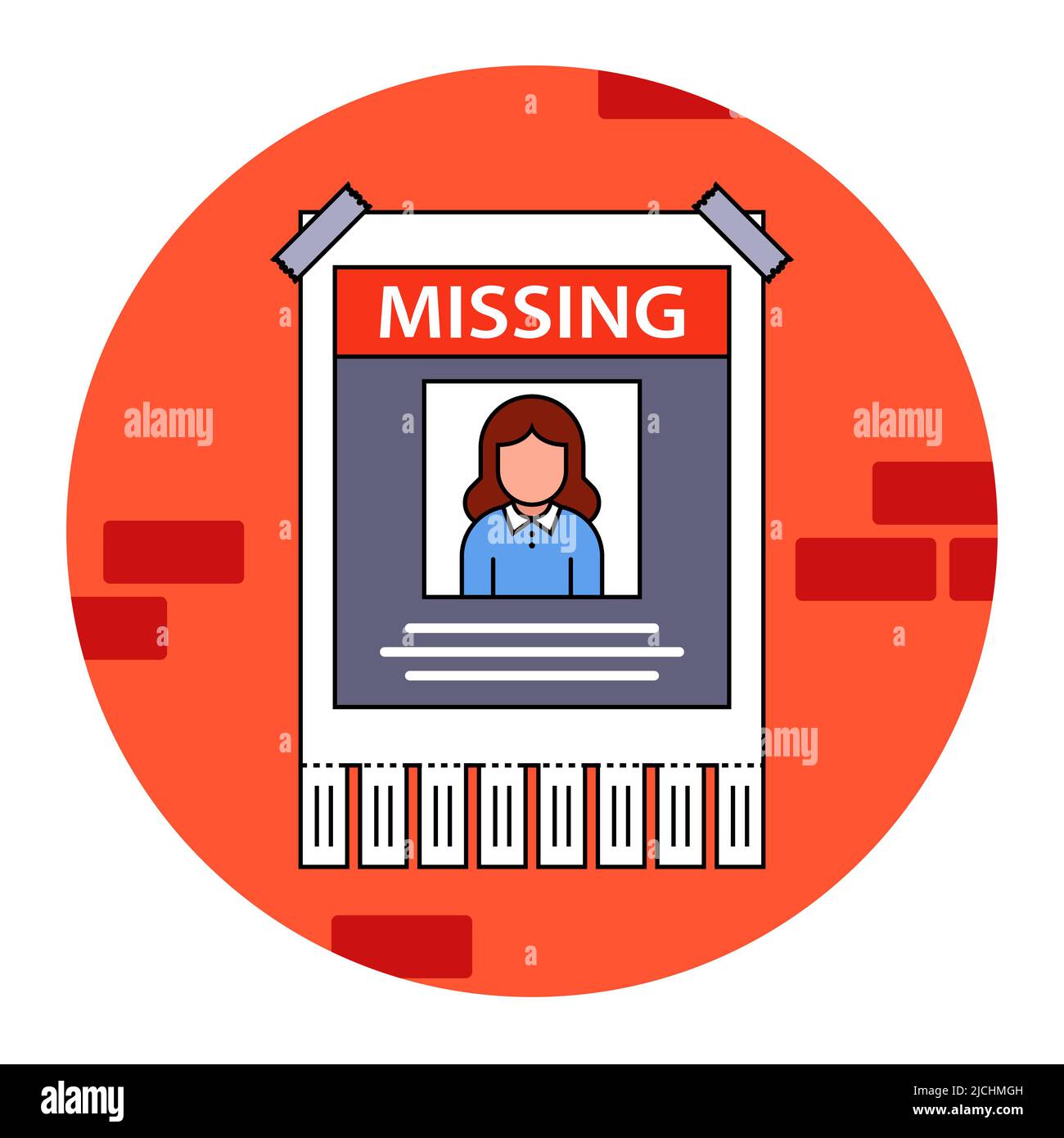 missing person announcement. flyer hanging on a brick wall. flat vector illustration. Stock Vector